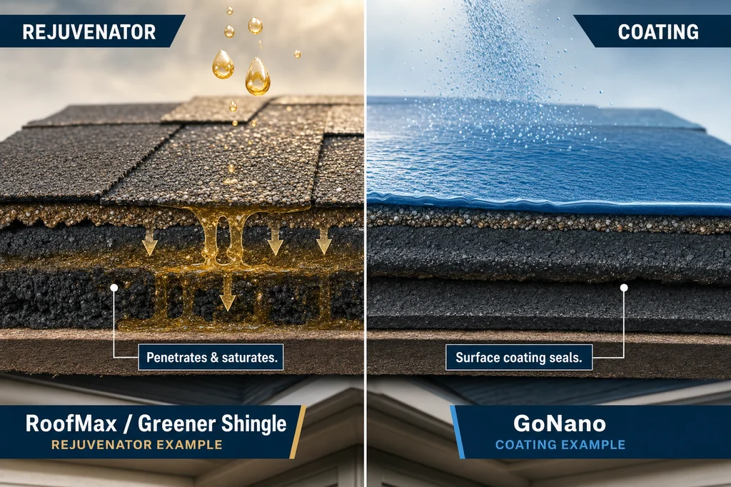Roof Rejuvenator vs Coating: GoNano, RoofMax, Greener Shingle
