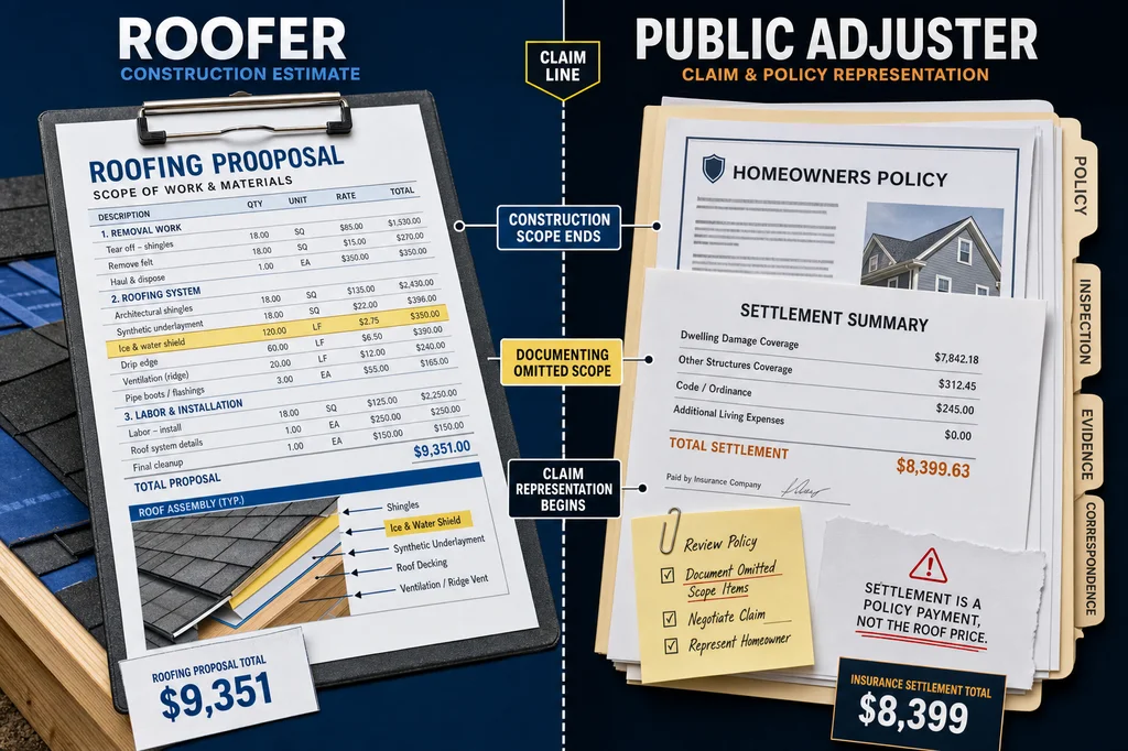 Public Adjuster vs Roofer: Where the Claim Line Is